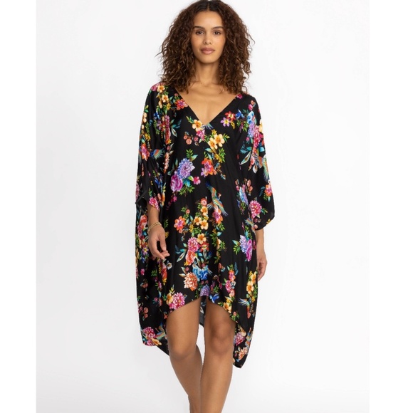 Johnny Was Sognatore Nero High Low Silk Blend Kaftan Black Floral Multi SZ L/XL - Picture 2 of 16